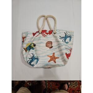 Beach Tote Bag Rope Handles Crab Fish Starfish Shell Nautical